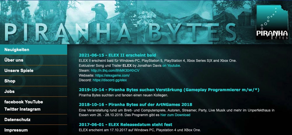 Screenshot der piranha-bytes.com Webseite (die Entwicklerschmiede zu Gothic, Gothic and Elex)